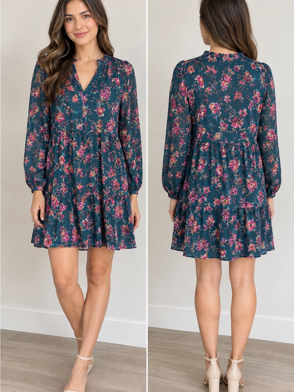 1. State Teal Floral V-Neck Tiered Midi Dress